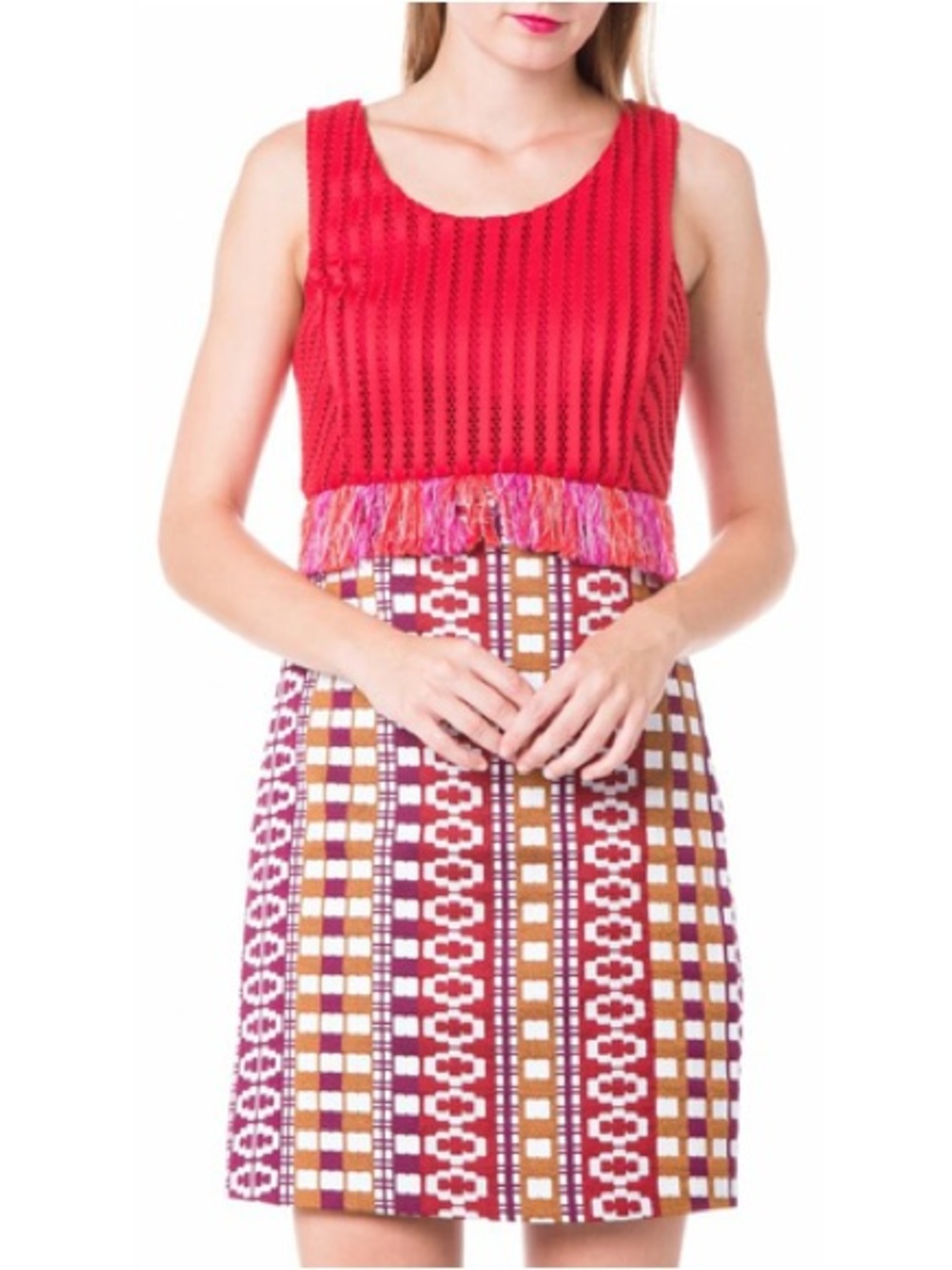 Pinko Elastico Red Knit Bodice Multi-Color Fringe Geometric Skirt Dress